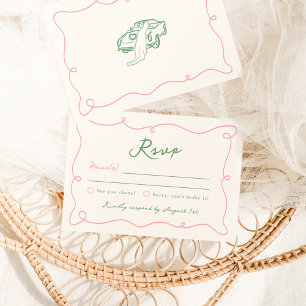 Invitation Réponse de mariage rose et verte dessinée à la mai
