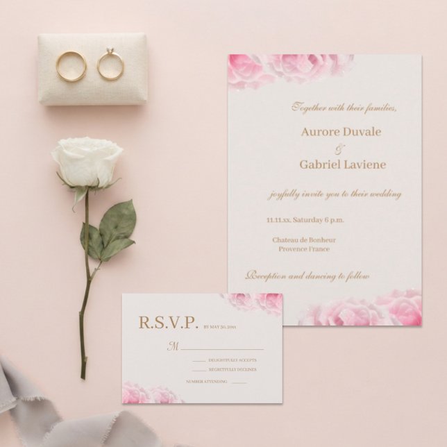 Invitation Réponse de mariage Roses réelles Rose rose romanti (Créateur téléchargé)