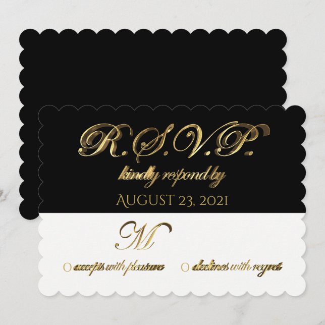 Invitation Réponse de réponse de mariage RSVP noir blanc or (Devant / Derrière)