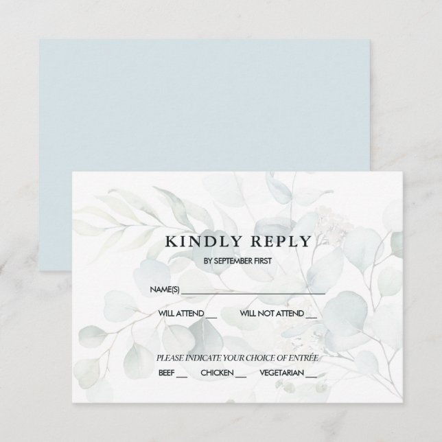 Invitation Réponse de RSVP de mariage au eucalyptus bleu-vert (Devant / Derrière)