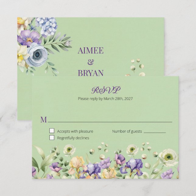 Invitation Réponse du Mariage d'aquarelle verte (Devant / Derrière)