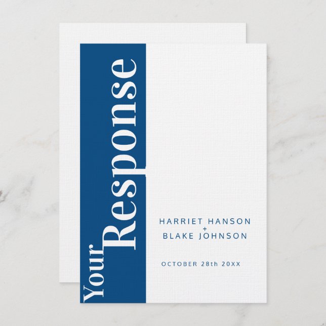 Invitation Réponse du mariage en gras bleu et blanc RSVP (Devant / Derrière)