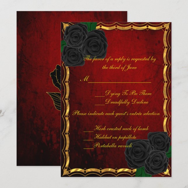 Invitation Réponse du Mariage gothique des Roses noirs du san (Devant / Derrière)