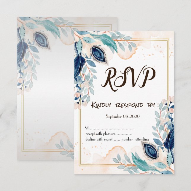 Invitation Réponse florale de paon à l'aquarelle (Devant / Derrière)