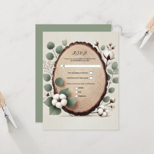 Invitation Réponse Mariage Rustique Coton Eucalyptus Bois de