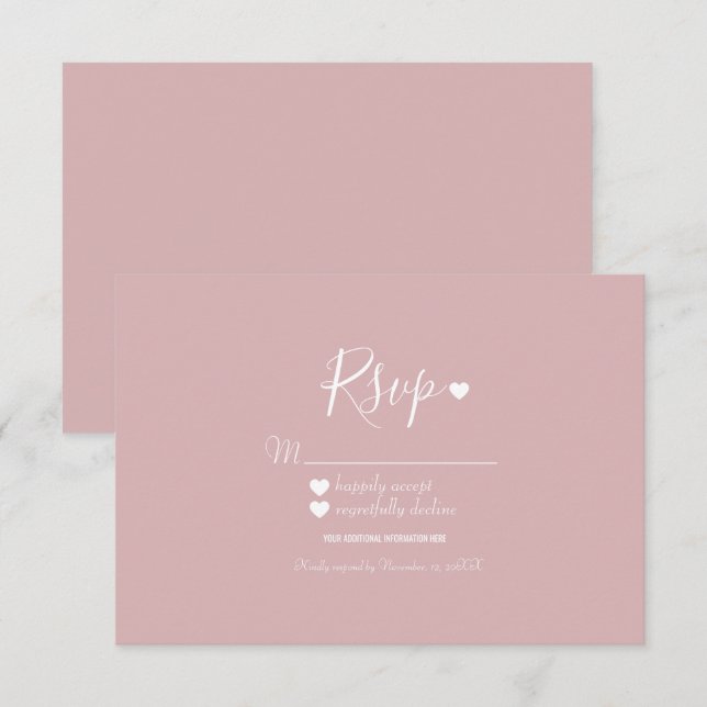 Invitation Réponse moderne simple rose et coeurs RSVP (Devant / Derrière)