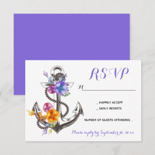 Invitation Réponse nautique florale ancre violette mariage pl