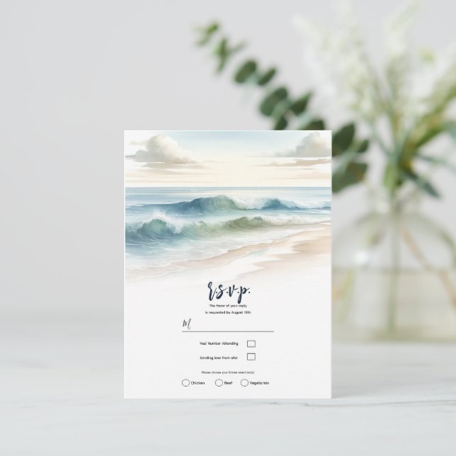 Invitation Réponse pour mariage rustique côtier avec vagues d (Debout devant)