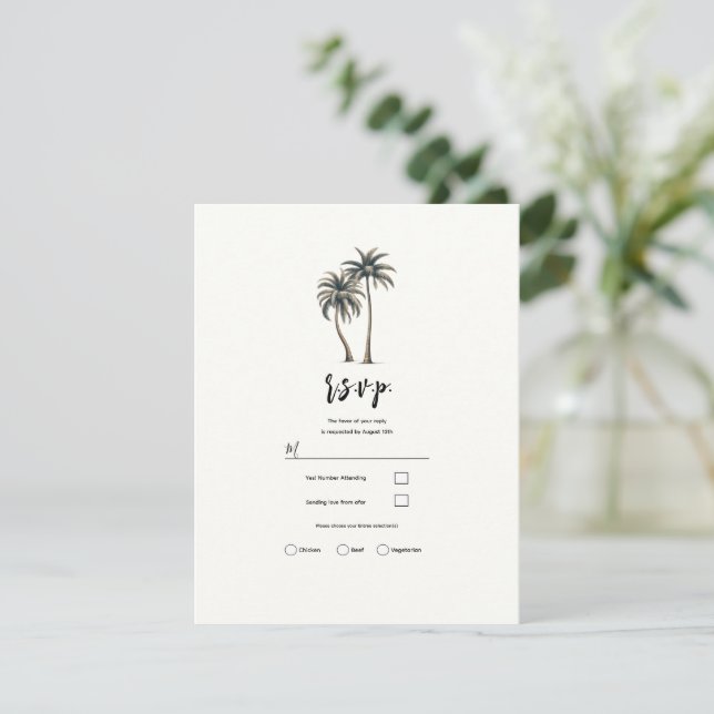 Invitation Réponse pour mariage rustique côtier sous palmiers (Debout devant)