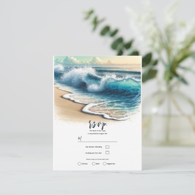 Invitation Réponse pour mariage sur la plage avec vagues de l (Debout devant)