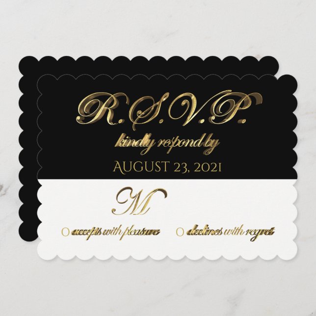 Invitation Réponse Réponse Mariage RSVP Noir Blanc Or (Devant / Derrière)
