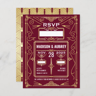 Invitation Réponse RSVP Art Déco Mariage Gold Burgundy