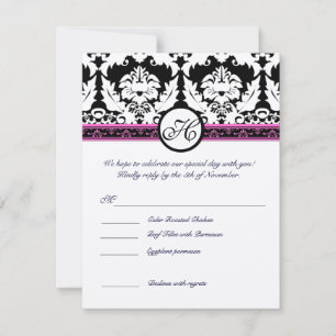 Invitation Réponse RSVP avec menu en damas noir monogrammé
