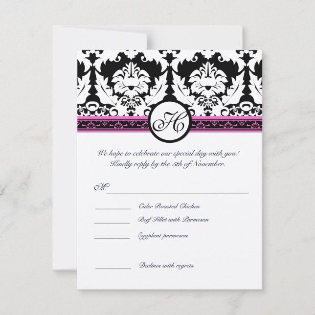 Invitation Réponse RSVP avec menu en damas noir monogrammé (Devant)