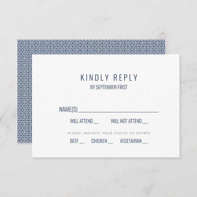 Invitation Réponse RSVP de mariage à clé grecque bleue médite (Devant / Derrière)