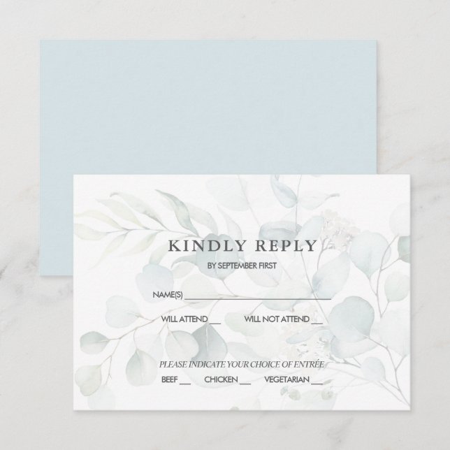 Invitation Réponse RSVP de mariage au eucalyptus vert bleu (Devant / Derrière)