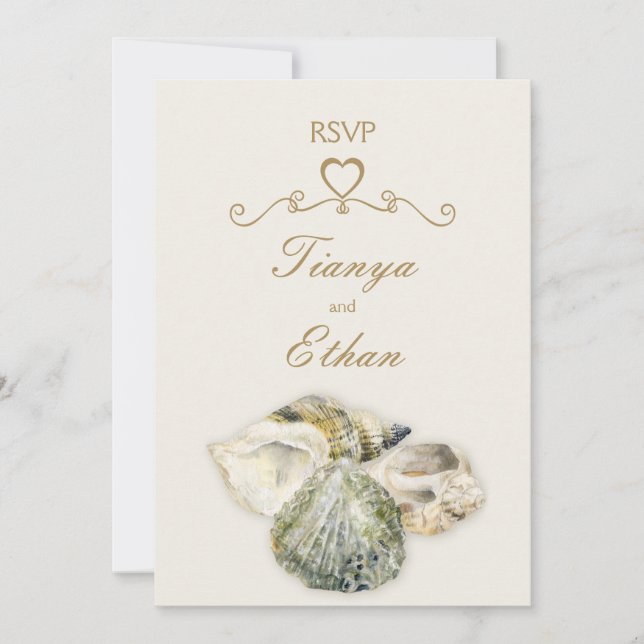Invitation réponse RSVP de mariage avec art de coquillages (Devant)