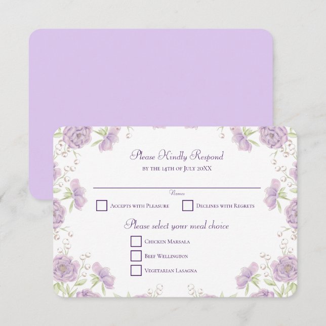 Invitation Réponse RSVP de mariage Rose Violet Lavande (Devant / Derrière)