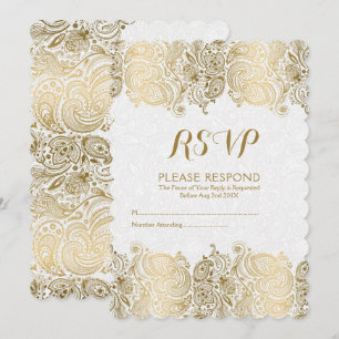 Invitation Réponse RSVP en dentelle de Paisley or et blanc