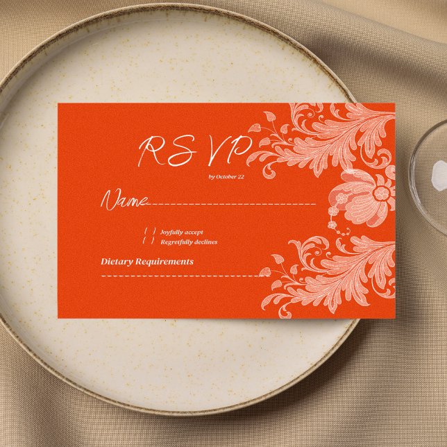 Invitation Réponse RSVP en dentelle florale orange cannelle b (Cinnamon orange white floral lace RSVP )