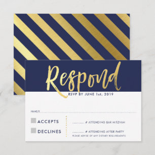 Invitation Réponse RSVP faux or type bleu marine