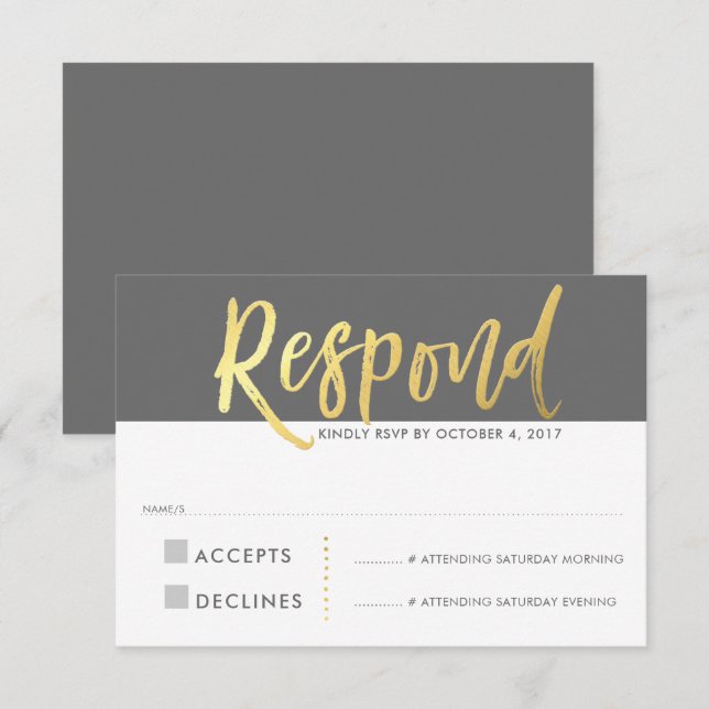 Invitation Réponse RSVP faux or type gris (Devant / Derrière)