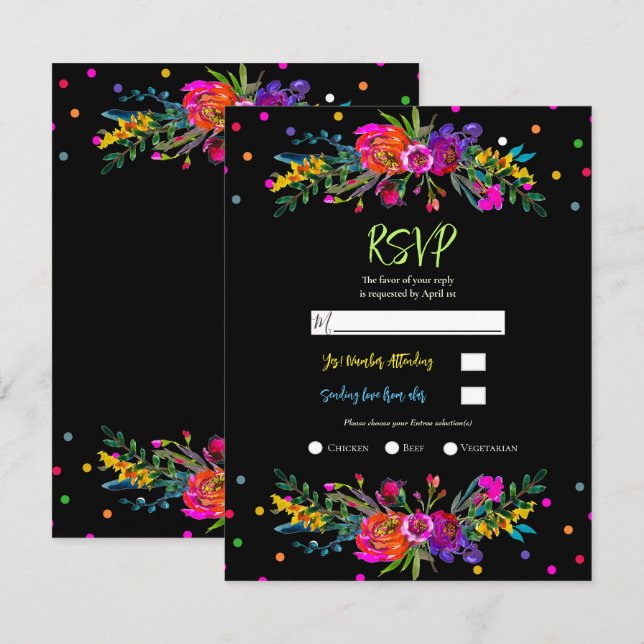Invitation Réponse RSVP Fête Florale Moderne et Noire (Devant / Derrière)