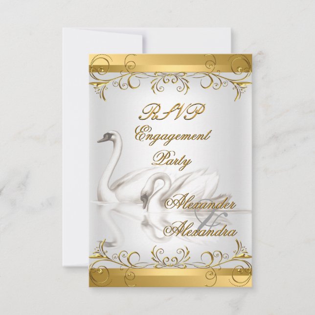 Invitation RÉPONSE RSVP Fiançailles Swans Gold White (Devant)