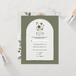 Invitation Réponse RSVP Fleurie Aquarelle Or Olive Poussiéreu