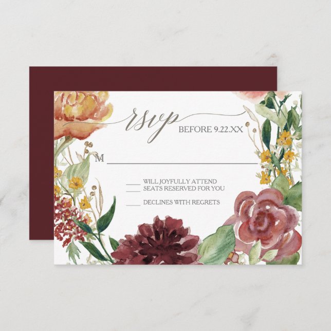 Invitation Réponse RSVP Fleurs de Chrysanthème Rouge Bourgeon (Devant / Derrière)