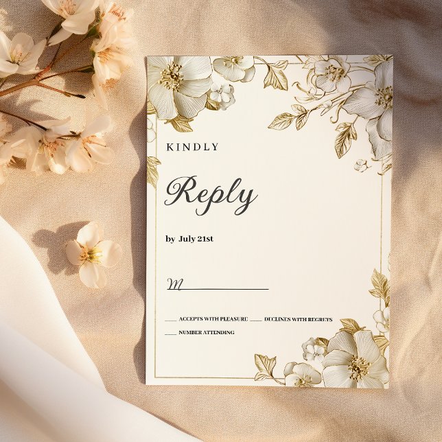 Invitation Réponse RSVP florale blanche et or élégante (Classy luxury white and gold floral RSVP)