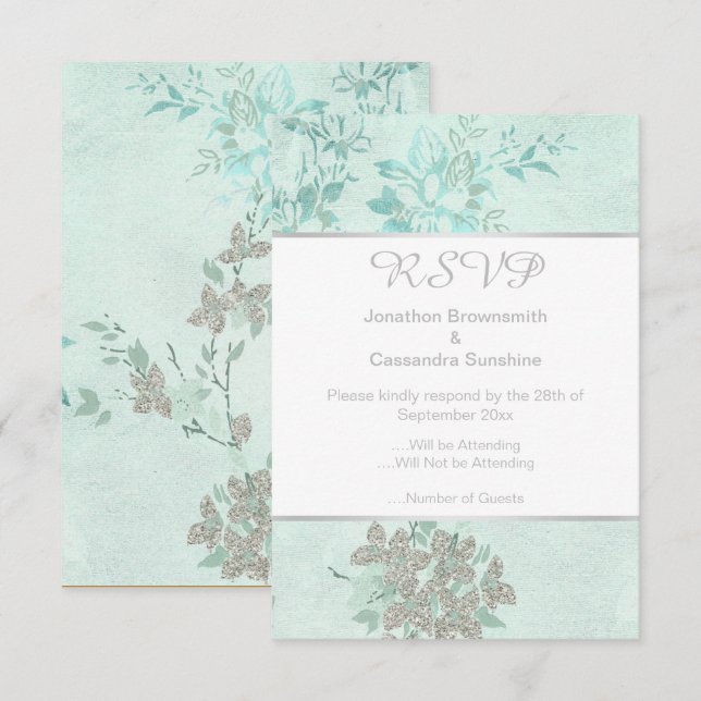 INVITATION REPONSE RSVP MARIAGE ARGENT AQUA BLEU PRINTEMPS (Devant / Derrière)