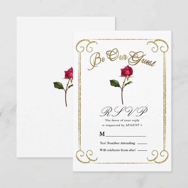 Invitation Réponse RSVP Mariage Beauté Rose Rouge Blanc & Or (Devant / Derrière)