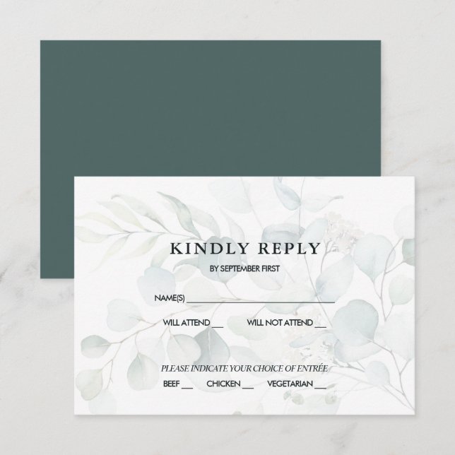 Invitation Réponse RSVP Mariage Bleu Vert Eucalyptus Foncé I (Devant / Derrière)