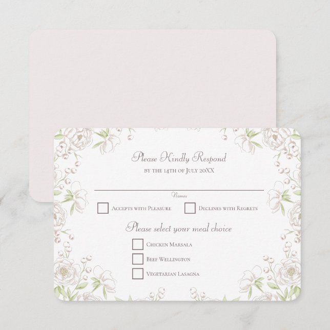Invitation Réponse RSVP Mariage Classique Rose Blanche (Devant / Derrière)