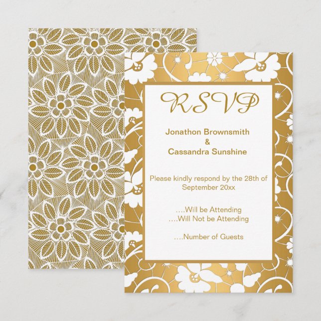 INVITATION REPONSE RSVP MARIAGE DEUX LACE BLANC OR (Devant / Derrière)