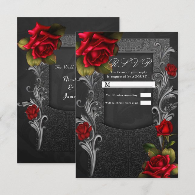 Invitation Réponse RSVP Mariage Glamour Orné Roses Rouges Noi (Devant / Derrière)