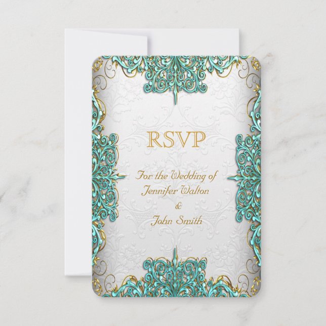 Invitation Réponse RSVP Mariage Orné Blanc Bleu Sarcelle (Devant)