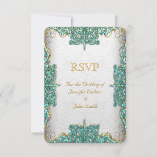 Invitation Réponse RSVP Mariage Orné Blanc Bleu Sarcelle