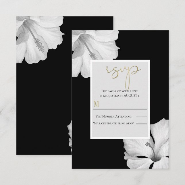 Invitation Réponse RSVP Mariage Tropical Noir Hibiscus Blanc (Devant / Derrière)