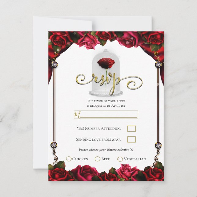 Invitation Réponse RSVP pour la soirée Magique Rose Rouge Or  (Devant)