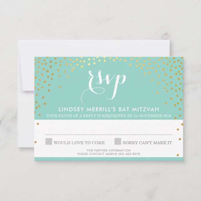 Invitation Réponse RSVP rétro or mini confettis menthe (Devant)