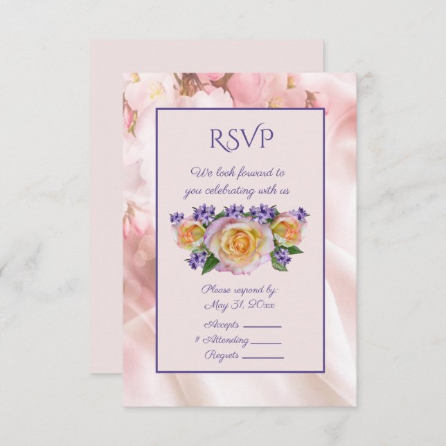 Invitation Réponse RSVP Rose Pâle avec Accents Violets (Devant / Derrière)