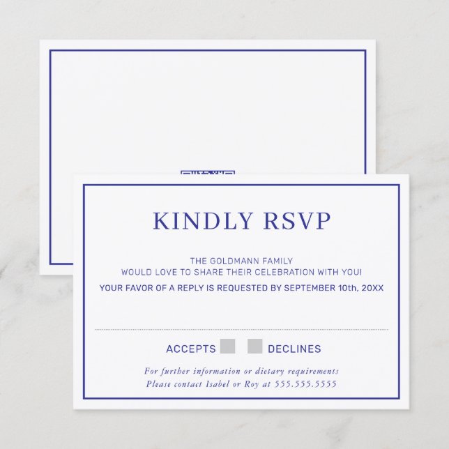 Invitation RÉPONSE RSVP simple bordure minimale bleu royal (Devant / Derrière)