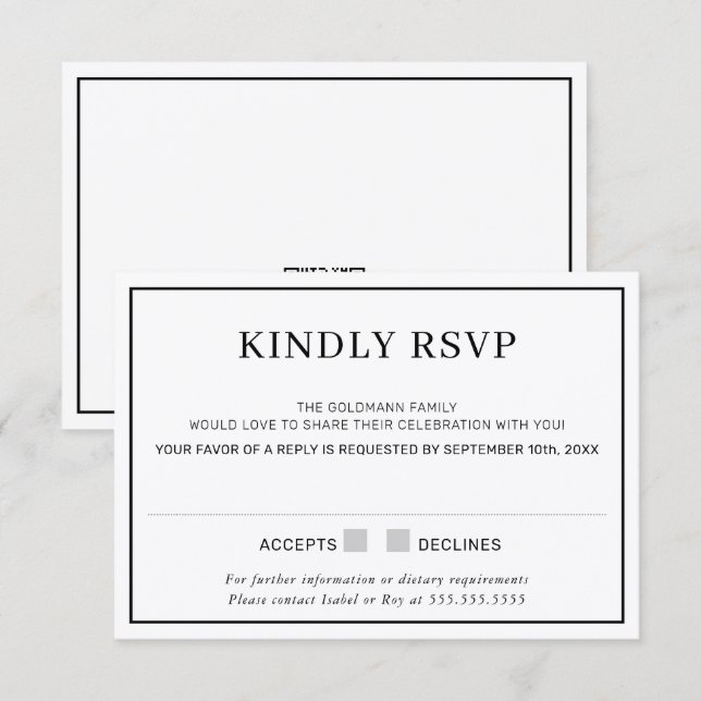 Invitation RÉPONSE RSVP simple bordure minimale noire (Devant / Derrière)