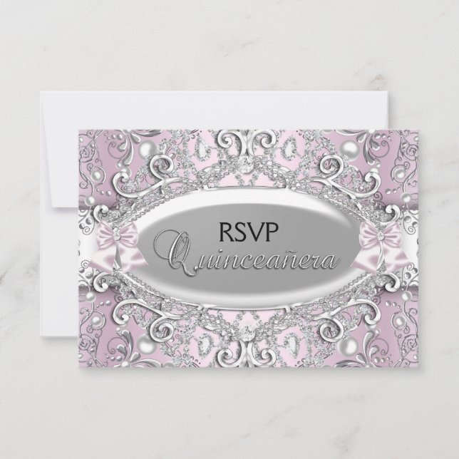 Invitation Réponse Silver & Pink Damassé Perle Quinceanera (Devant)