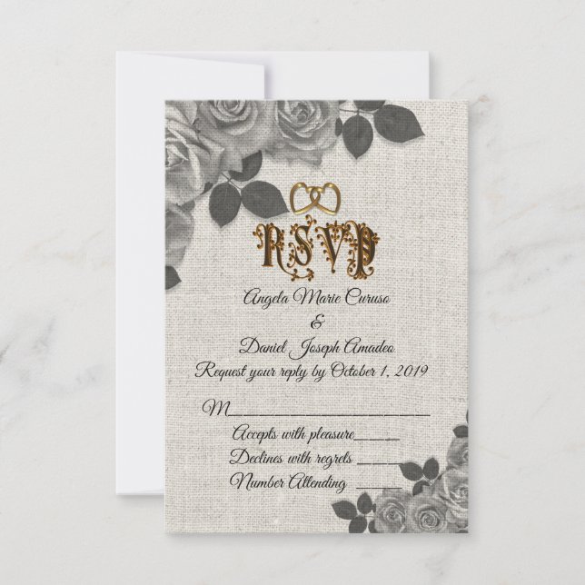 Invitation Réponses de mariage sur lin avec des roses noires  (Devant)