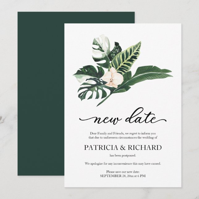 Invitation Report de mariage à nouvelle date Fleur tropicale (Devant / Derrière)