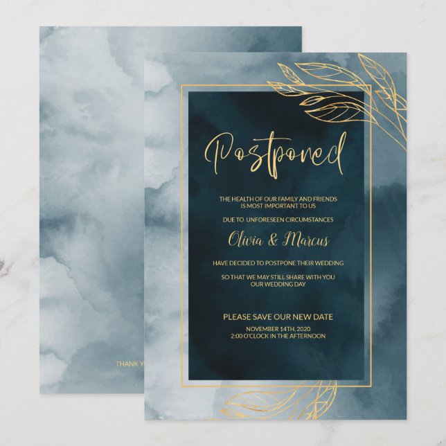 Invitation Report de mariage aquarelle marine et or (Devant / Derrière)