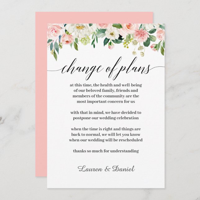 Invitation Report de mariage moderne blush Changement de plan (Devant / Derrière)